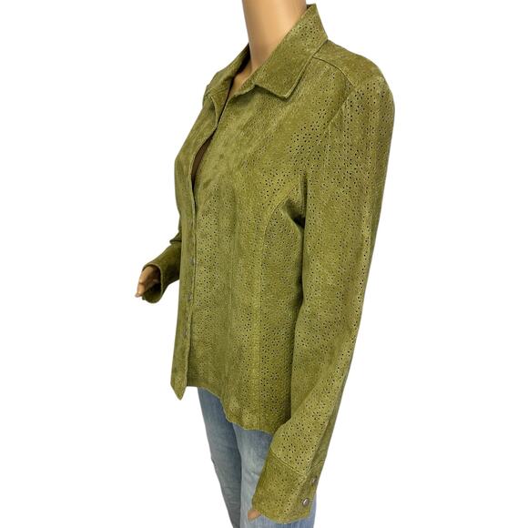 Aria 100% Leather Jacket Eyelet Moss Green Button Front Long Sleeve Size L - Picture 4 of 10